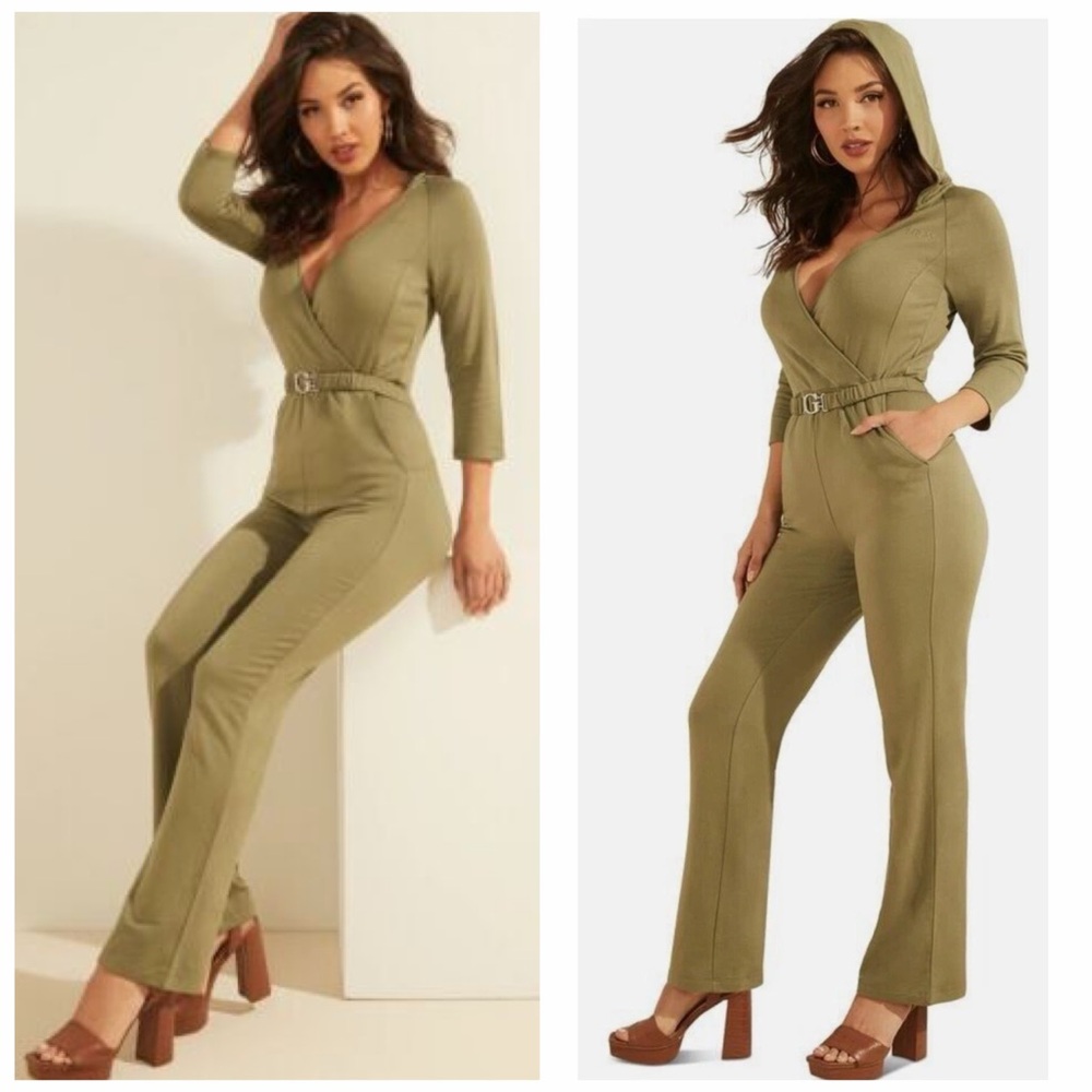 Guess Olive Green Bree Jumpsuit with Hood and Elastic Belt, Straight Leg, V-Neck
